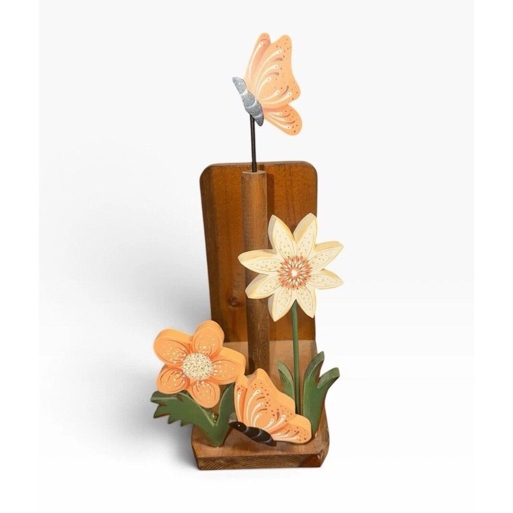 Vtg Handcrafted 3D Wood Paper Towel Holder Floral Butterfly Folk Art Farmhouse